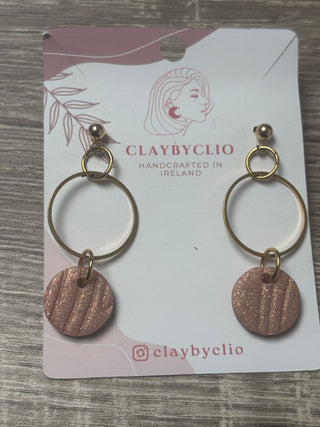 ClayByClio Gold Tone Hoop Drop Earrings with Glitter Pink Disc