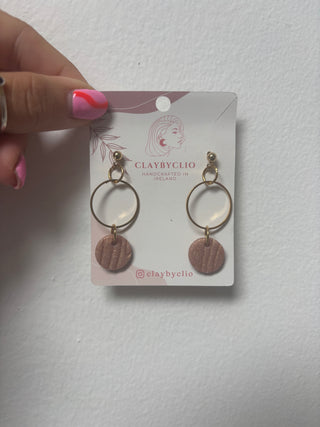 ClayByClio Gold Tone Hoop Drop Earrings with Glitter Pink Disc