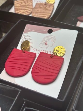 ClayByClio Handcrafted Red Textured Drop Earrings with Gold Stud