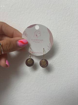 ClayByClio Gold Hoop Drop Earrings with Burgundy Glitter Disc