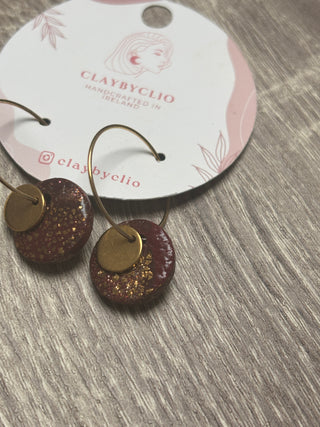ClayByClio Gold Hoop Drop Earrings with Burgundy Glitter Disc