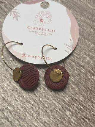 ClayByClio Burgundy Textured Hoop Drop Earrings with Gold Disc