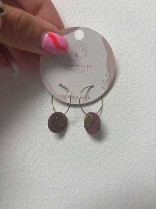 ClayByClio Burgundy Textured Hoop Drop Earrings with Gold Disc