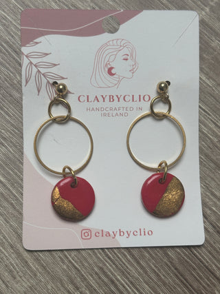 ClayByClio Red and Gold Hoop Drop Earrings