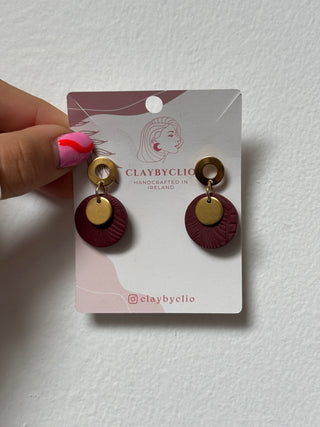 ClayByClio Burgundy and Gold Textured Drop Earrings