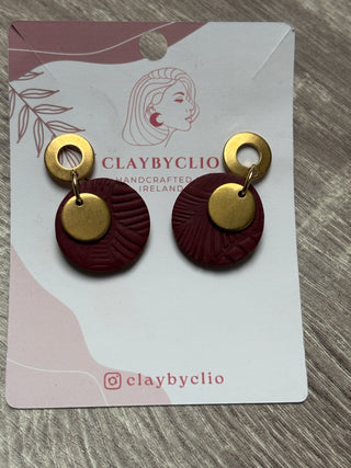 ClayByClio Burgundy and Gold Textured Drop Earrings