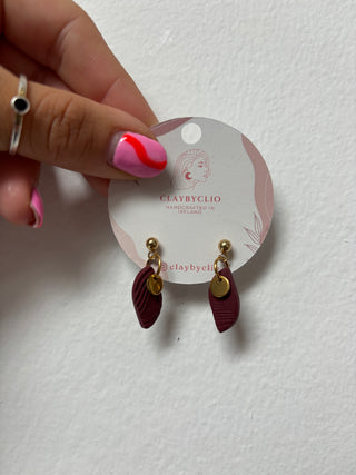 ClayByClio Burgundy Textured Drop Earrings with Gold Detail