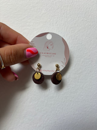 ClayByClio Brown Textured Drop Earrings with Gold Detail