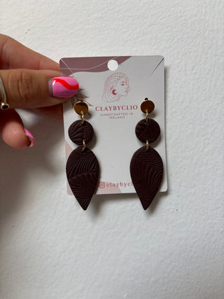 ClayByClio Brown Textured Leaf Drop Earrings with Gold Stud