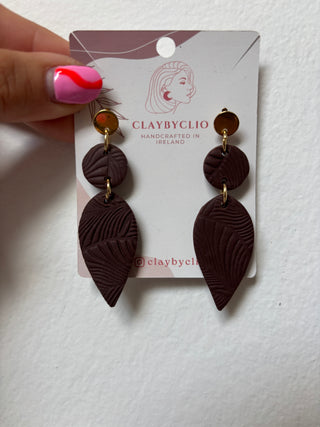 ClayByClio Brown Textured Leaf Drop Earrings with Gold Stud