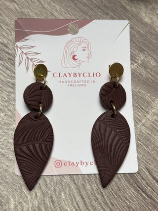 ClayByClio Brown Textured Leaf Drop Earrings with Gold Stud