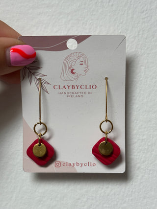 ClayByClio Red Geometric Drop Earrings with Gold Detail
