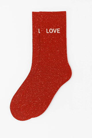 Red glitter socks with "Love" message
