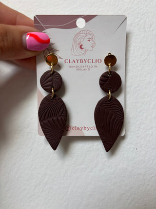 ClayByClio Brown Textured Leaf Drop Earrings with Gold Stud - Shells Cafe | Shells Little Shop