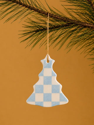 Christmas ceramic pendant fir, cream–light‑blue checkered