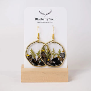 Midnight Meadow Gold Large Fern and Stone Earrings by Blueberry Soul